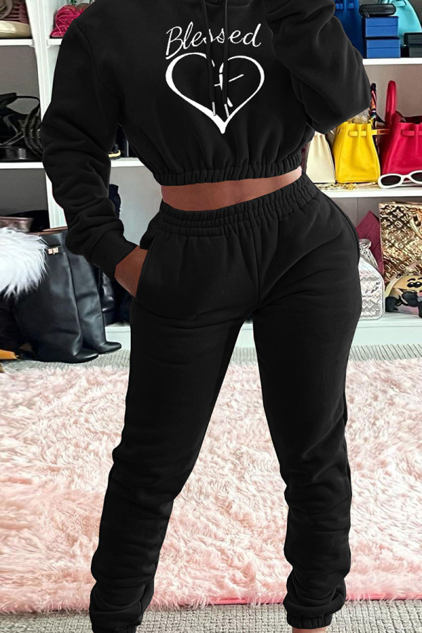 Black Casual Print Patchwork Hooded Collar Long Sleeve Two Pieces