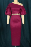 Burgundy Elegant Solid Patchwork Oblique Collar One Step Skirt Dresses