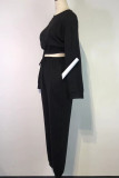 Pink Fashion Casual Solid Basic O Neck Long Sleeve Two Pieces
