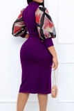 Purple Casual Print Split Joint Slit Half A Turtleneck One Step Skirt Dresses
