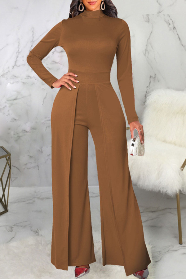 Brown Casual Solid Patchwork Half A Turtleneck Straight Jumpsuits