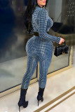 Red Casual Plaid Print Patchwork Buckle O Neck Regular Jumpsuits