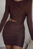Brown Sexy Solid Hollowed Out Patchwork V Neck Pencil Skirt Dresses