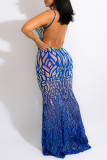Royal Blue Fashion Sexy Patchwork Sequins Backless Spaghetti Strap Evening Dress