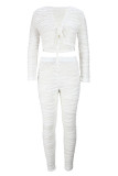 White Fashion Casual Solid Bandage V Neck Long Sleeve Two Pieces