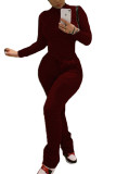 Wine Red Fashion Casual Adult Solid Split Joint O Neck Regular Jumpsuits