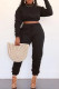 Black Fashion Casual Solid Basic O Neck Long Sleeve Two Pieces