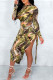 Multicolor Sexy Print Patchwork Frenulum Backless Fold Asymmetrical O Neck Irregular Dress Dresses