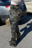 Army Green Casual Print Camouflage Print Patchwork Slit Fold Regular High Waist Pencil Full Print Bottoms