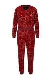 Red Fashion Patchwork Sequins Zipper Collar Long Sleeve Two Pieces