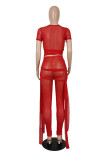 Red Sexy Solid Bandage Patchwork See-through O Neck Short Sleeve Two Pieces