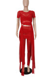 Red Sexy Solid Bandage Patchwork See-through O Neck Short Sleeve Two Pieces