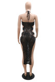Black Fashion Sexy Patchwork Sequins See-through Backless Halter Sleeveless Dress Dresses