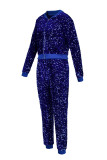 Blue Fashion Casual Patchwork Sequins Zipper Collar Two Pieces