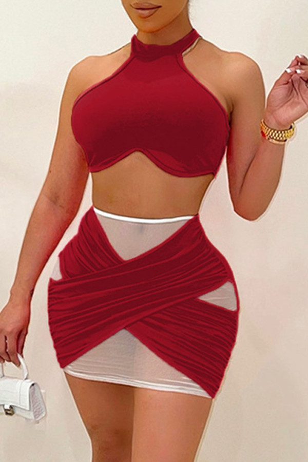 Red Fashion Sexy Patchwork See-through O Neck Two Pieces