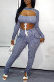 Blue Sexy Striped Print Hollowed Out Patchwork Frenulum O Neck Long Sleeve Two Pieces