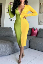 Yellow Fashion Casual Solid Split Joint V Neck Long Sleeve Dresses