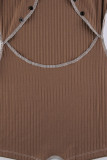 Brown Sexy Solid Bandage Hollowed Out Patchwork O Neck Regular Rompers