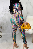 Multicolor Fashion Sexy Print Split Joint Buckle Turndown Collar Long Sleeve Two Pieces