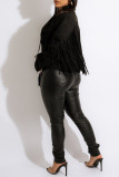 Black Fashion Casual Solid Tassel Patchwork Turndown Collar Outerwear