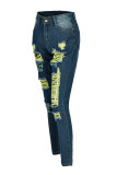 Dark Blue Fashion Casual Stitching Ripped Jeans