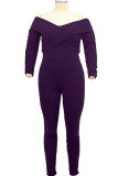 Dark Purple Fashion Casual Solid Patchwork V Neck Plus Size Jumpsuits