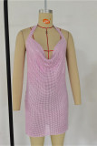 Pink Fashion Sexy Patchwork Backless Slit Halter Sleeveless Dress