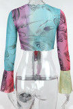 Blue Sexy Print Patchwork V Neck Long Sleeve Two Pieces