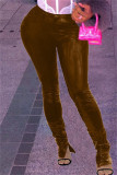 Coffee Fashion Casual Solid Slit Skinny Mid Waist Pencil Solid Color Bottoms