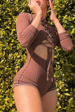 Brown Sexy Solid Bandage Hollowed Out Patchwork O Neck Regular Rompers