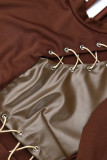 Coffee Sexy Solid Hollowed Out Patchwork Frenulum Asymmetrical O Neck One Step Skirt Dresses