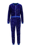Blue Fashion Casual Patchwork Sequins Zipper Collar Two Pieces