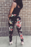 Black Sexy Print Patchwork See-through Fold U Neck Regular Jumpsuits