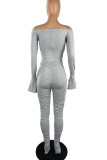 Grey Sexy Solid Bandage Patchwork Fold Off the Shoulder Regular Jumpsuits