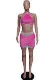 Pink Fashion Sexy Patchwork See-through O Neck Two Pieces