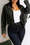 Ink Green Fashion Casual Solid Tassel Patchwork Turndown Collar Outerwear