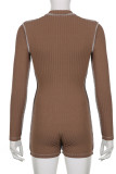 Brown Sexy Solid Bandage Hollowed Out Patchwork O Neck Regular Rompers