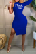 Blue Casual Print Patchwork Half A Turtleneck Pencil Skirt Dresses