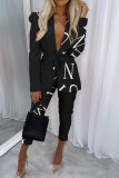 Black Casual Print Letter Turndown Collar Long Sleeve Two Pieces