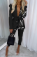 Black Casual Print Letter Turndown Collar Long Sleeve Two Pieces