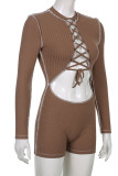 Brown Sexy Solid Bandage Hollowed Out Patchwork O Neck Regular Rompers