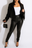 Black Fashion Casual Solid Tassel Patchwork Turndown Collar Outerwear