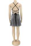 Silver Fashion Sexy Solid Bandage Backless V Neck Sling Dress