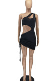 Black Sexy Solid Hollowed Out Split Joint Draw String Fold Asymmetrical U Neck One Step Skirt Dresses