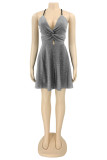 Silver Fashion Sexy Solid Bandage Backless V Neck Sling Dress