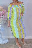 Pink Yellow Fashion Casual Striped Print Off the Shoulder Long Dress