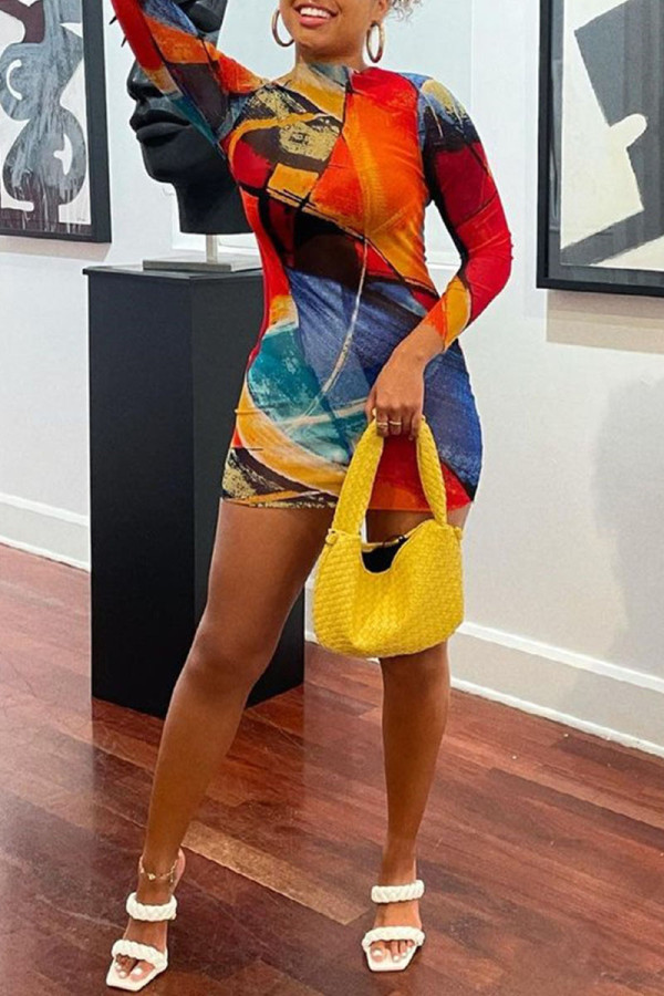 Red Sexy Print Patchwork O Neck One Step Skirt Dresses