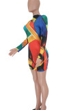 Red Sexy Print Patchwork O Neck One Step Skirt Dresses