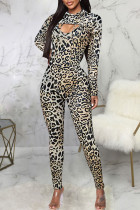 Leopard Print Sexy Print Split Joint Hooded Collar Long Sleeve Two Pieces