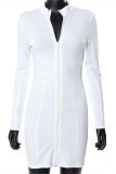 White Fashion Sexy Solid Patchwork Zipper Collar Long Sleeve Dresses